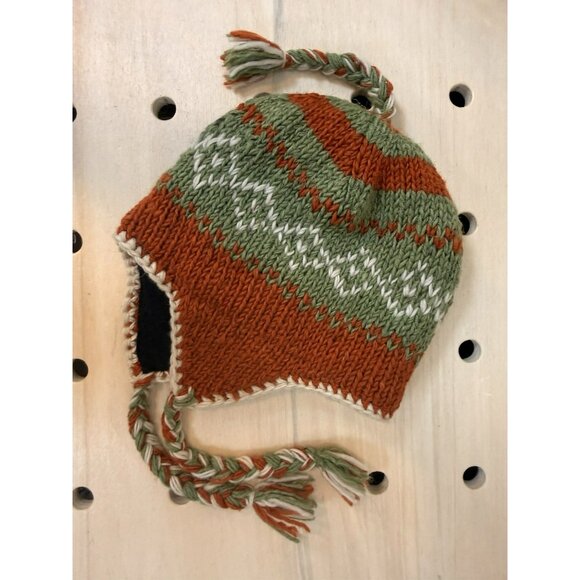 D&Y 100% Wool Knit Earflap Beanie Hat Fleece Lined Nepal Orange Green Nordic - Picture 5 of 12
